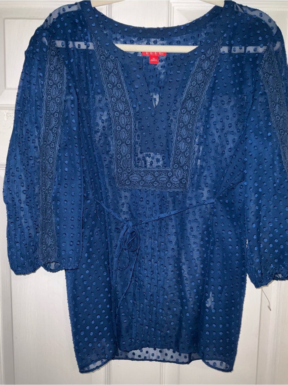 Elle Navy Swiss Dot Sheer Blouse